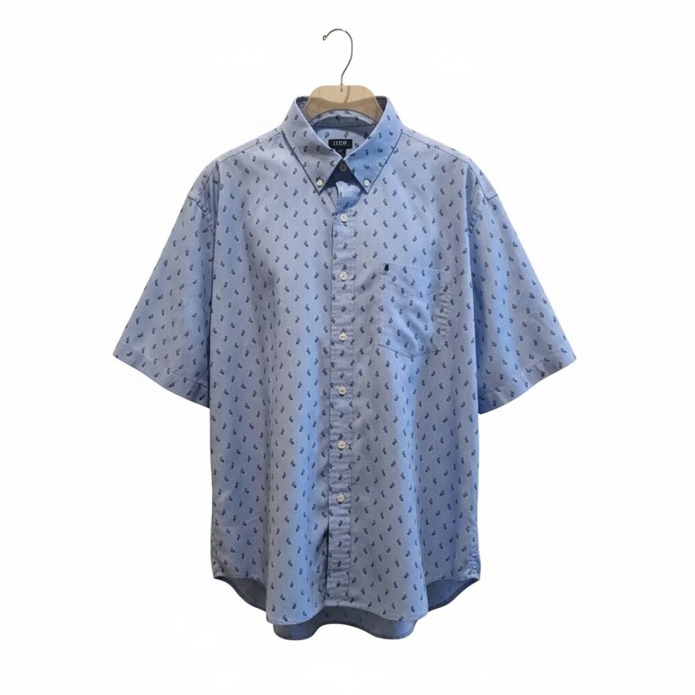 IZOD Men’s 2XLT Blue Pelican Print Button Down Shirt Short Sleeve Tall Casual